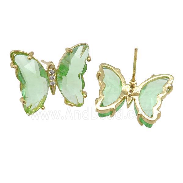 lt.green Crystal Glass Butterfly Stud Earrings, gold plated