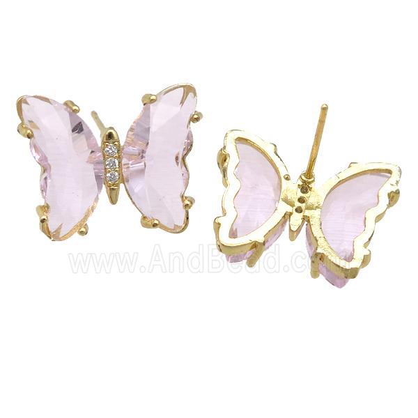 lt.pink Crystal Glass Butterfly Stud Earrings, gold plated