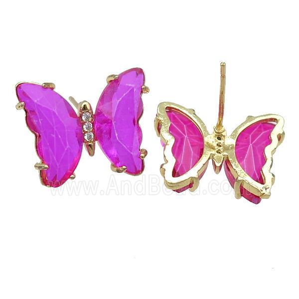 hotpink Crystal Glass Butterfly Stud Earrings, gold plated