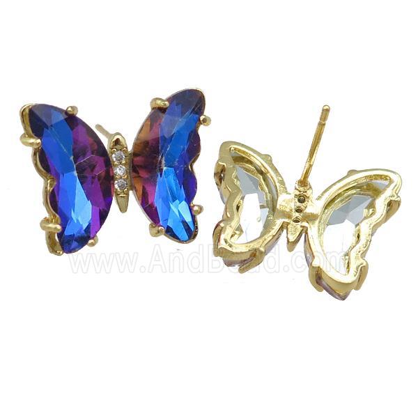 darkblue Crystal Glass Butterfly Stud Earrings, gold plated
