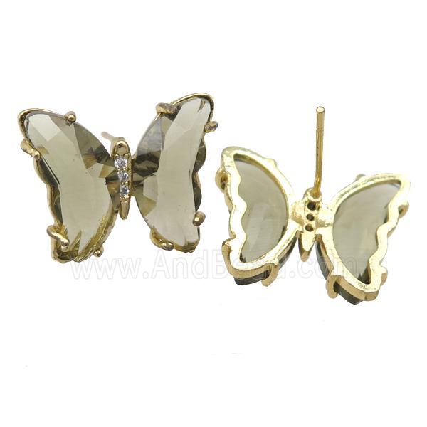 smoky Crystal Glass Butterfly Stud Earrings, gold plated