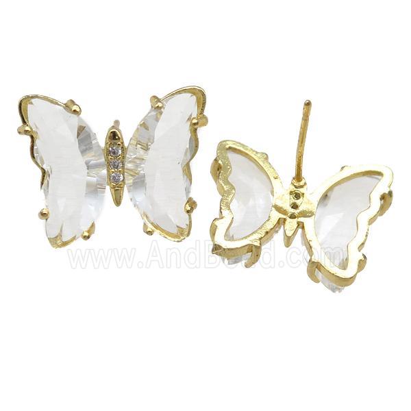 clear Crystal Glass Butterfly Stud Earrings, gold plated