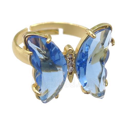 blue Crystal Glass Butterfly Rings, gold plated