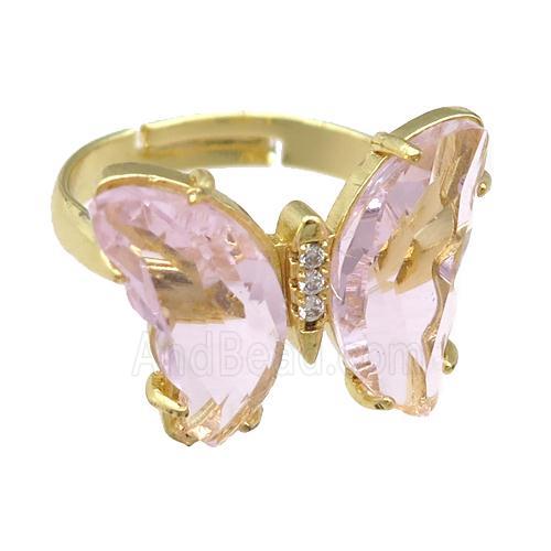lt.pink Crystal Glass Butterfly Rings, gold plated