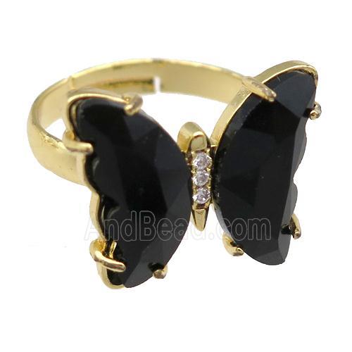 black Crystal Glass Butterfly Rings, gold plated