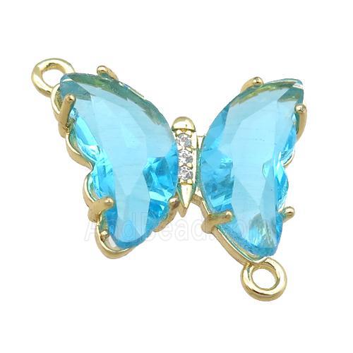 aqua Crystal Glass Butterfly Connector, gold plated