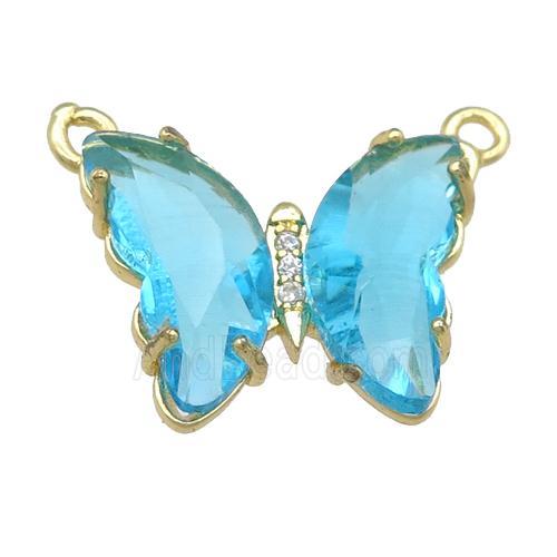 aqua Crystal Glass Butterfly Pendant with 2loops, gold plated