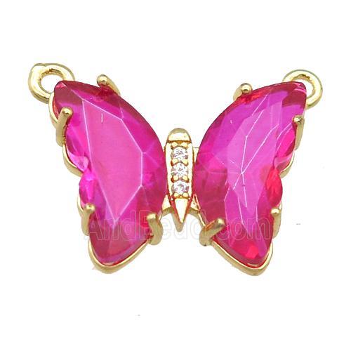 hotpink Crystal Glass Butterfly Pendant with 2loops, gold plated