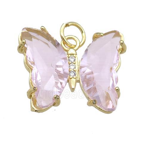 lt.pink Crystal Glass Butterfly Pendant, gold plated