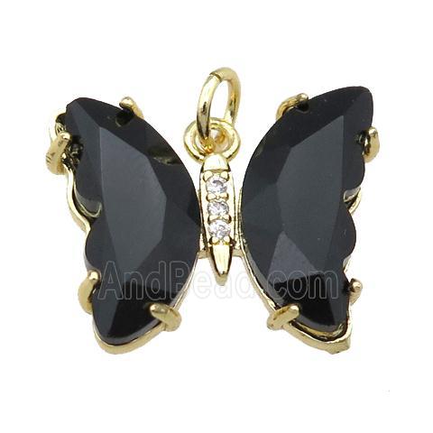 black Crystal Glass Butterfly Pendant, gold plated