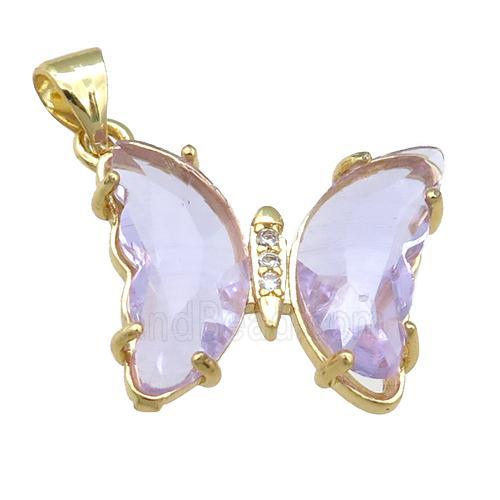 lavender Crystal Glass Butterfly Pendant, gold plated