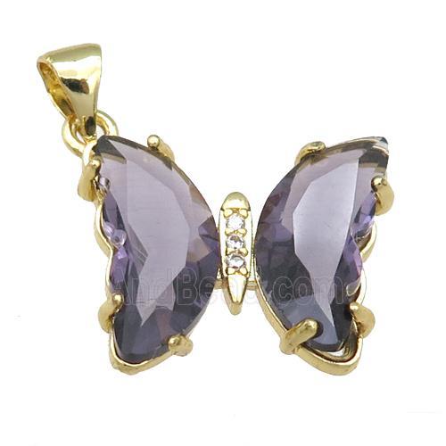 purple Crystal Glass Butterfly Pendant, gold plated
