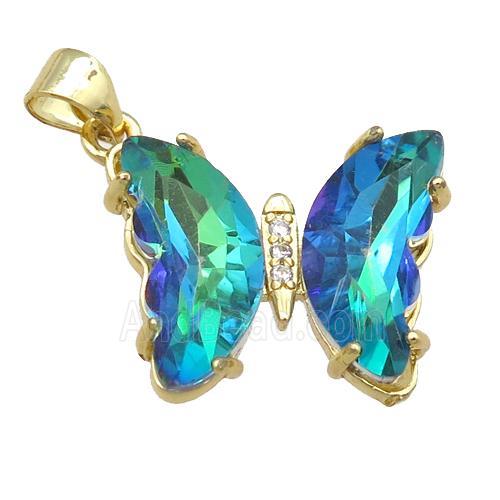 bluegreen Crystal Glass Butterfly Pendant, gold plated