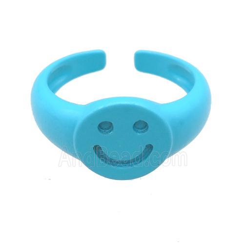 copper Rings with teal fire lacquered, smileface, adjustable