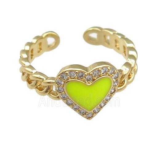 copper Rings with yellow enamel heart, gold plated, adjustable