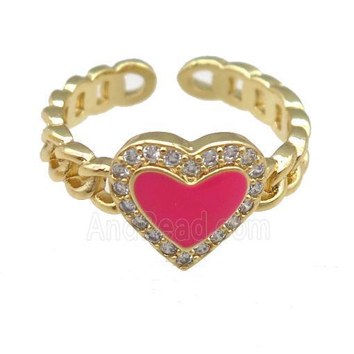 copper Rings with pink enamel heart, adjustable, gold plated