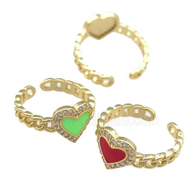 copper Rings with enamel heart, adjustable, gold plated, mixed