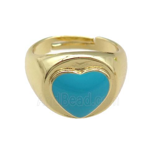 copper Rings with blue enamel heart, adjustable, gold plated