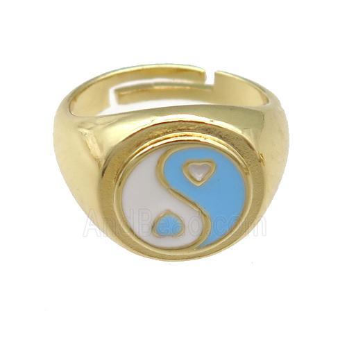 copper Rings with enamel taichi, adjustable, gold plated
