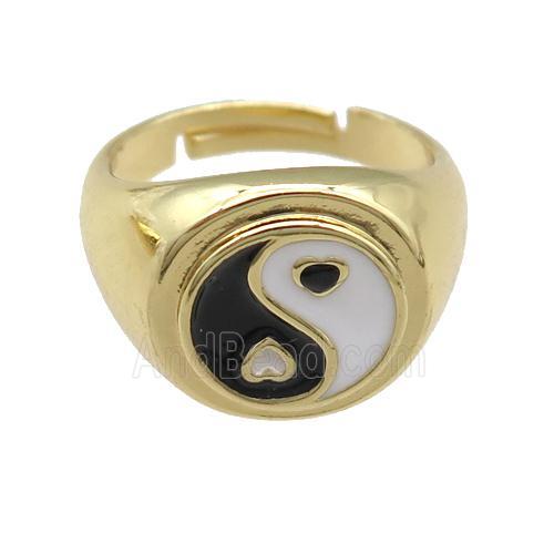copper Rings with enamel taichi, adjustable, gold plated