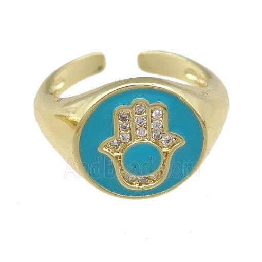 copper Rings with teal enamel hand, adjustable, gold plated