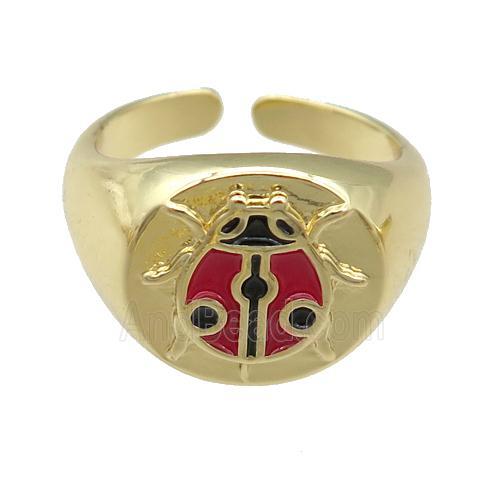 copper Rings with enamel beetle, adjustable, gold plated