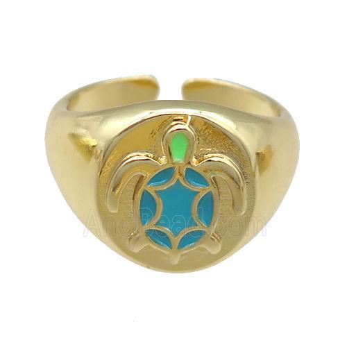 copper Rings with enamel tortoise, adjustable, gold plated