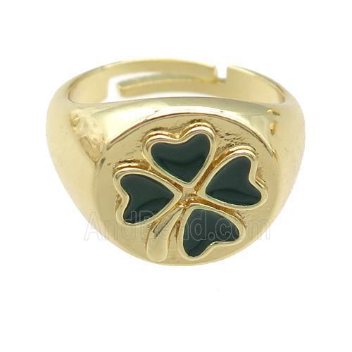 copper Rings with enamel clover, adjustable, gold plated