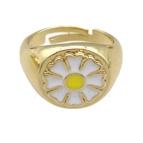 copper Rings with enamel daisy, adjustable, gold plated