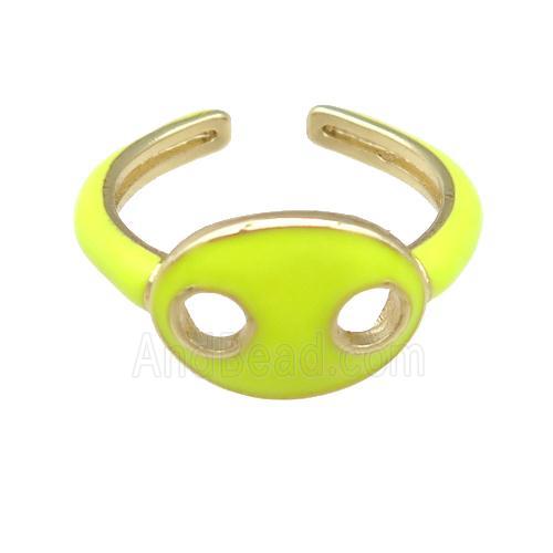 copper Rings with yellow enamel pignose, adjustable, gold plated