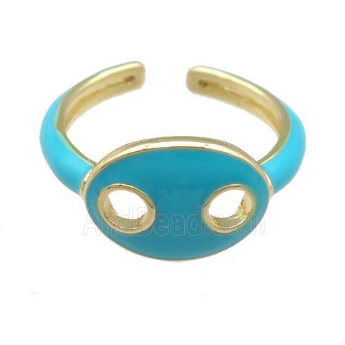 copper Rings with teal enamel pignose, adjustable, gold plated