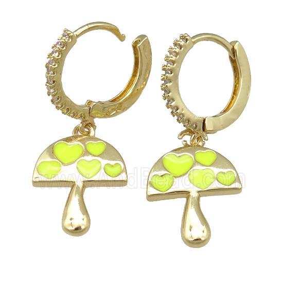 copper hoop Earring with yellow enamel mushroom, gold plated