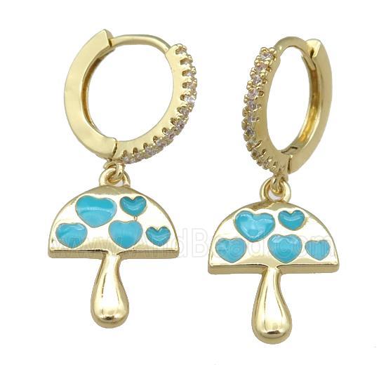 copper hoop Earring with teal enamel mushroom, gold plated