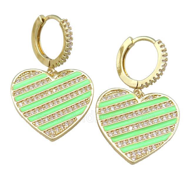 copper Hoop Earring with green Enamel Heart, gold plated