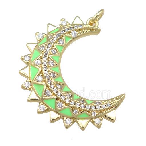 copper Crescent pendant pave zircon with green enamel, gold plated