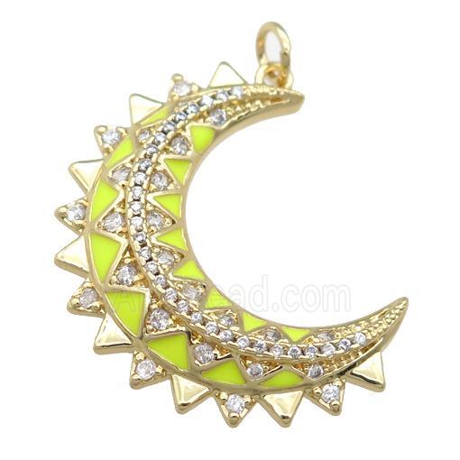 copper Crescent pendant pave zircon with yellow enamel, gold plated