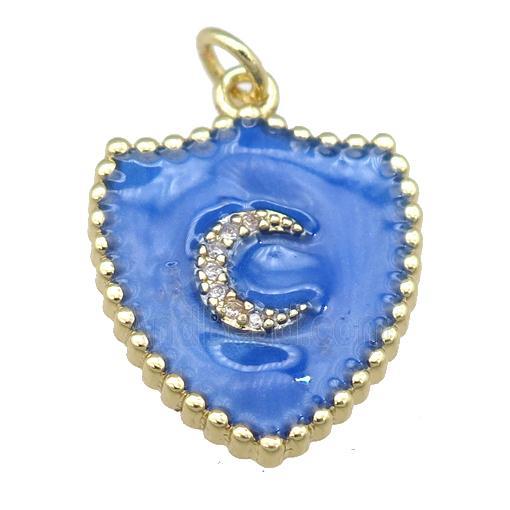 copper shield pendant with moon, blue enamel, gold plated