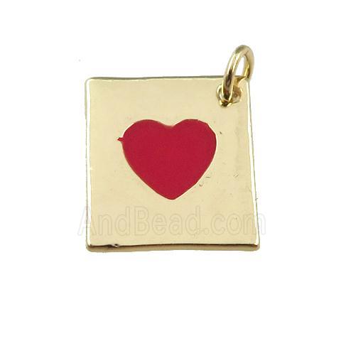 copper rectangle pendant with red enamel heart, gold plated