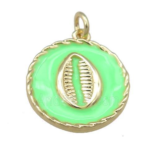 copper circle pendant with green enamel, mouth, gold plated