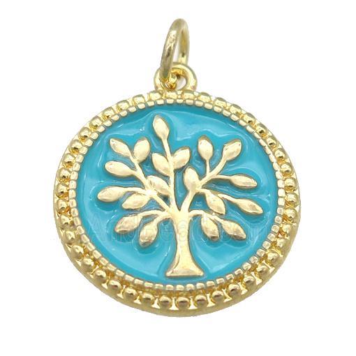 copper circle pendant with teal enamel, tree, gold plated
