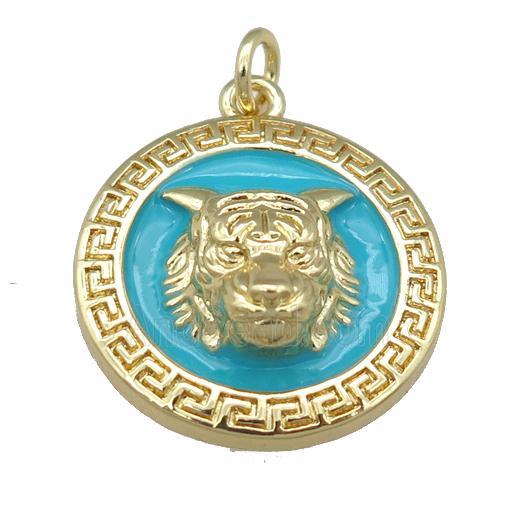 copper Tiger pendant with teal enamel, gold plated