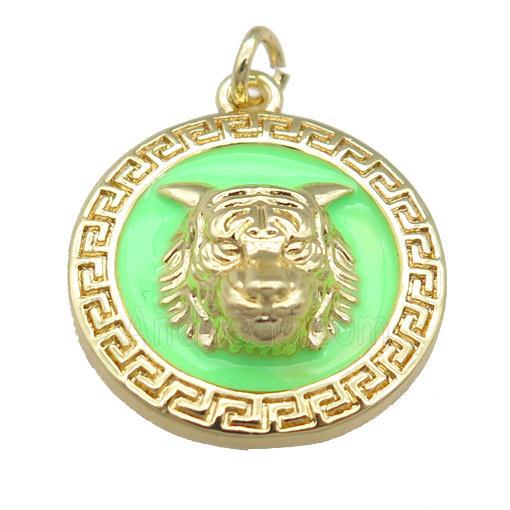 copper Tiger pendant with green enamel, gold plated