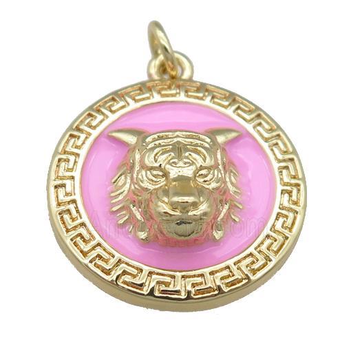 copper Tiger pendant with pink enamel, gold plated