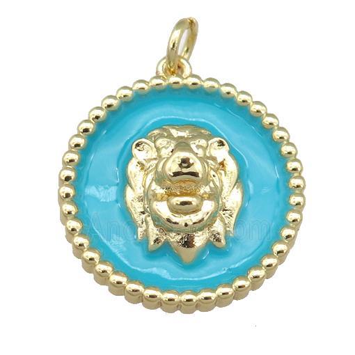 Copper Lion Pendant Teal Enamel Gold Plated