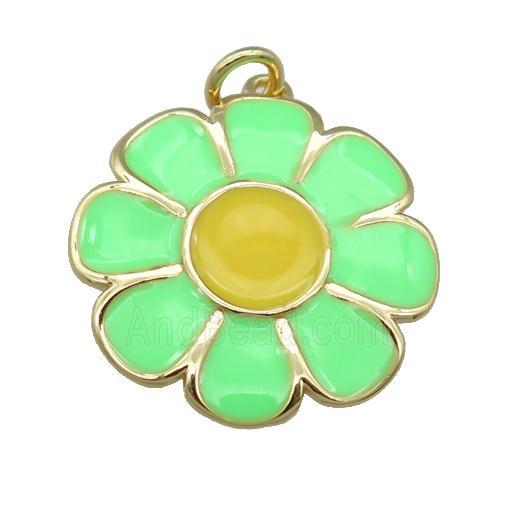 copper Sunflower pendant with green enamel, gold plated