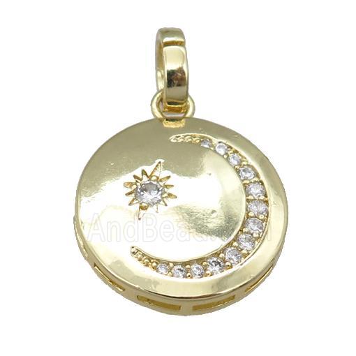 copper circle moon pendant pave zircon, gold plated