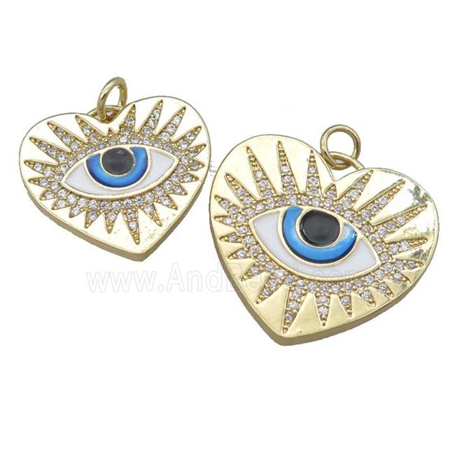 copper heart pendant pave zircon with evil eye, enamel, gold plated