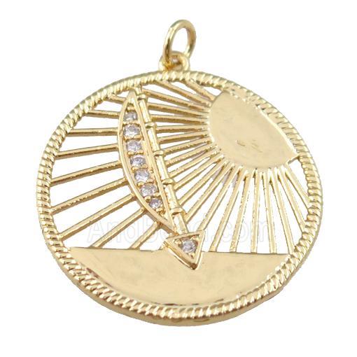 copper circle sun pendant paved zircon, boat, gold plated