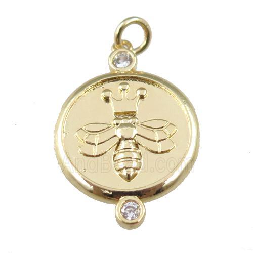 copper circle pendant, bee carved, gold plated