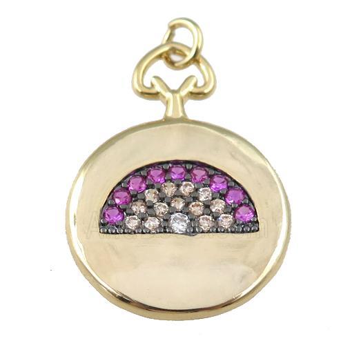 copper circle pendant pave zircon, fan, gold plated